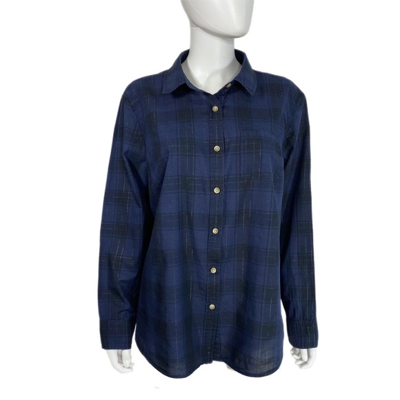 Pure Energy Navy Blue Plaid Long Sleeve Button Down - Picture 1 of 6